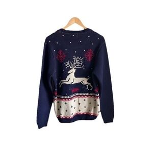 Topman Christmas Sweater Reindeer Holiday Winter Knit Jumper Pattern Blue Large